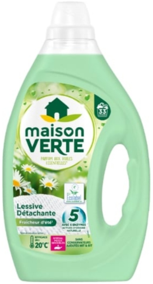 Lessive Liquide Hypoallergénique Détachante Fraîcheur d'Eté pour Peaux Sensibles MAISON VERTE 1,485L