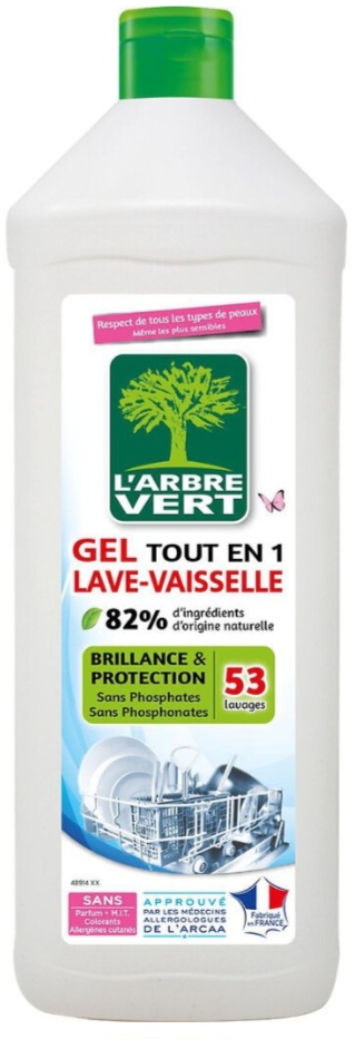 Gel lave vaisselle brillance et protection L'Arbre Vert Sans Phosphates Sans Phosphonates 901ml 53 Lavages