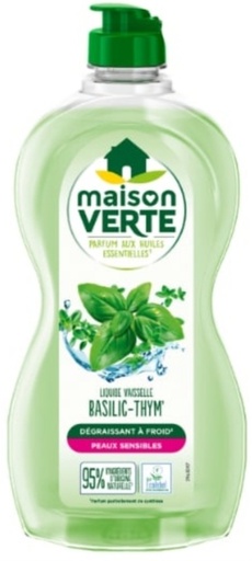 Liquide Vaisselle Hypoallergénique Basilic et Thym Dégraissant à Froid pour Peaux Sensible Maison Verte 500ml