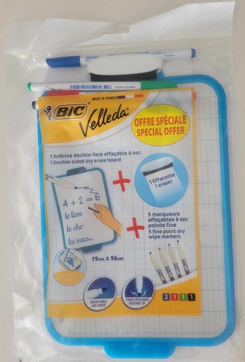 Ardoise Velleda blanche double face 19x26cm + 5 marqueurs fins + effacette